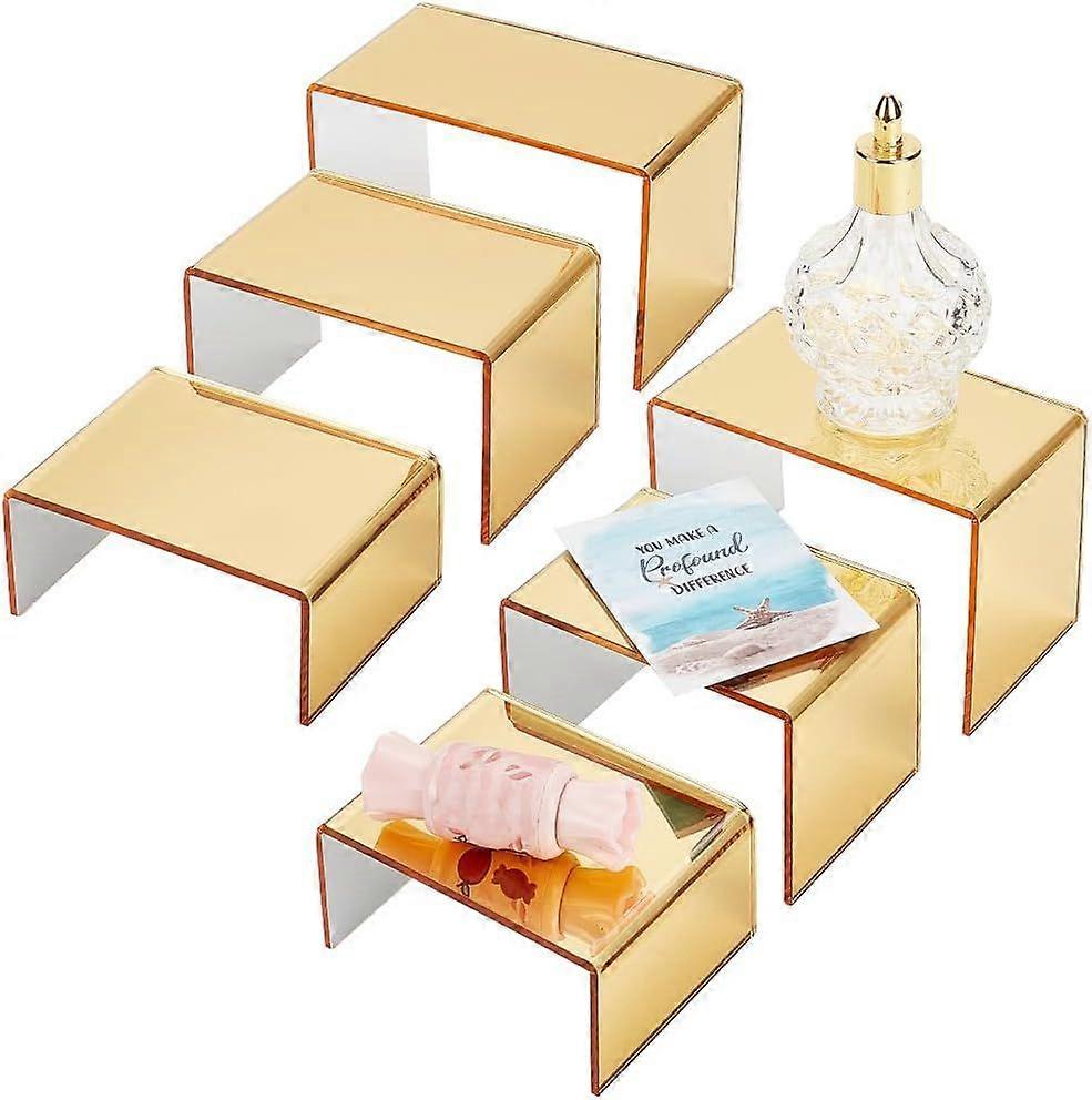 6pcs Golden Acrylic Display Risers Product Stand Shelf 3-Tier Perfume Organizer Clear Countertop Showcase for Craft Cupcake Dessert Curio Cabinet Coll