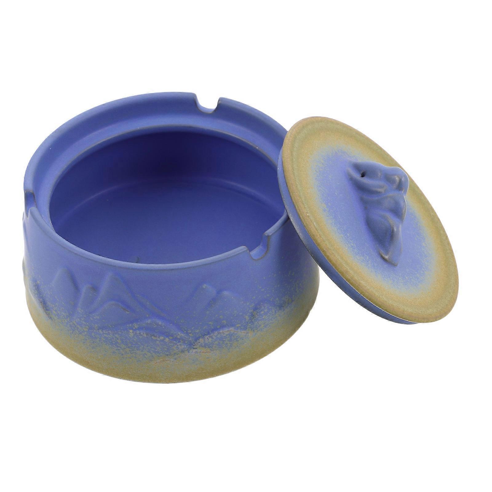 Creative Ceramic Ashtray for Windproof Use with Lid Portable Blue Design