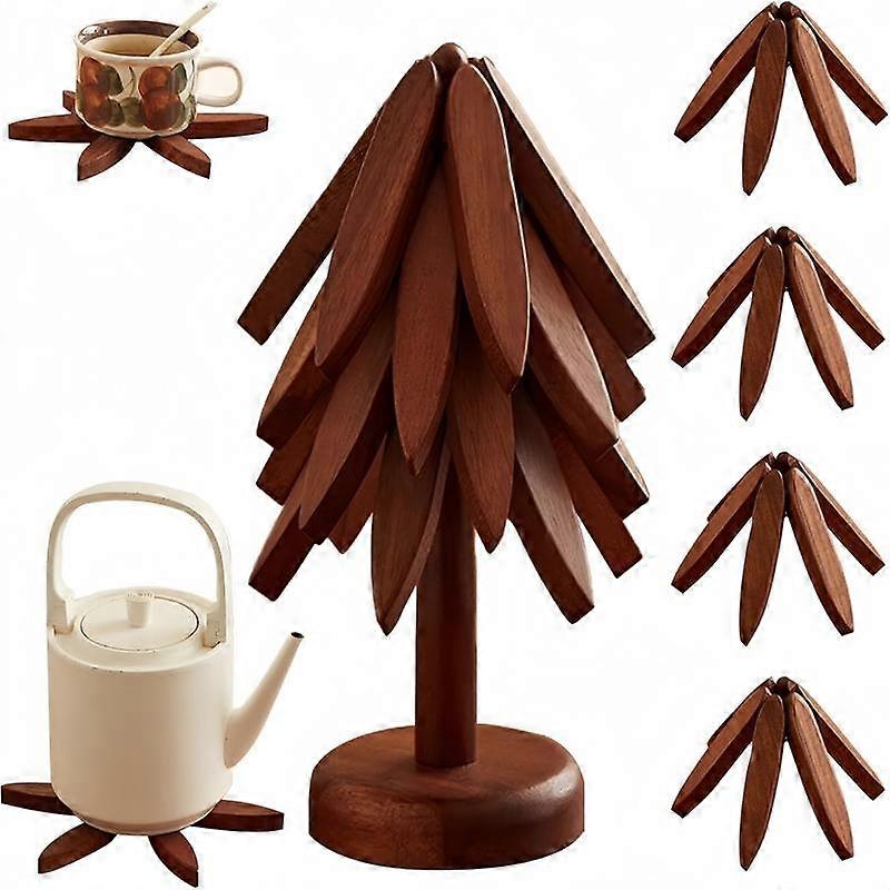 Natural Tree Trivet Set - 4 Wooden Trivets & 1 Stand - Heat-Resistant Foldable Design - Durable & High-Quality Solid Wood - Ideal for Hot Di
