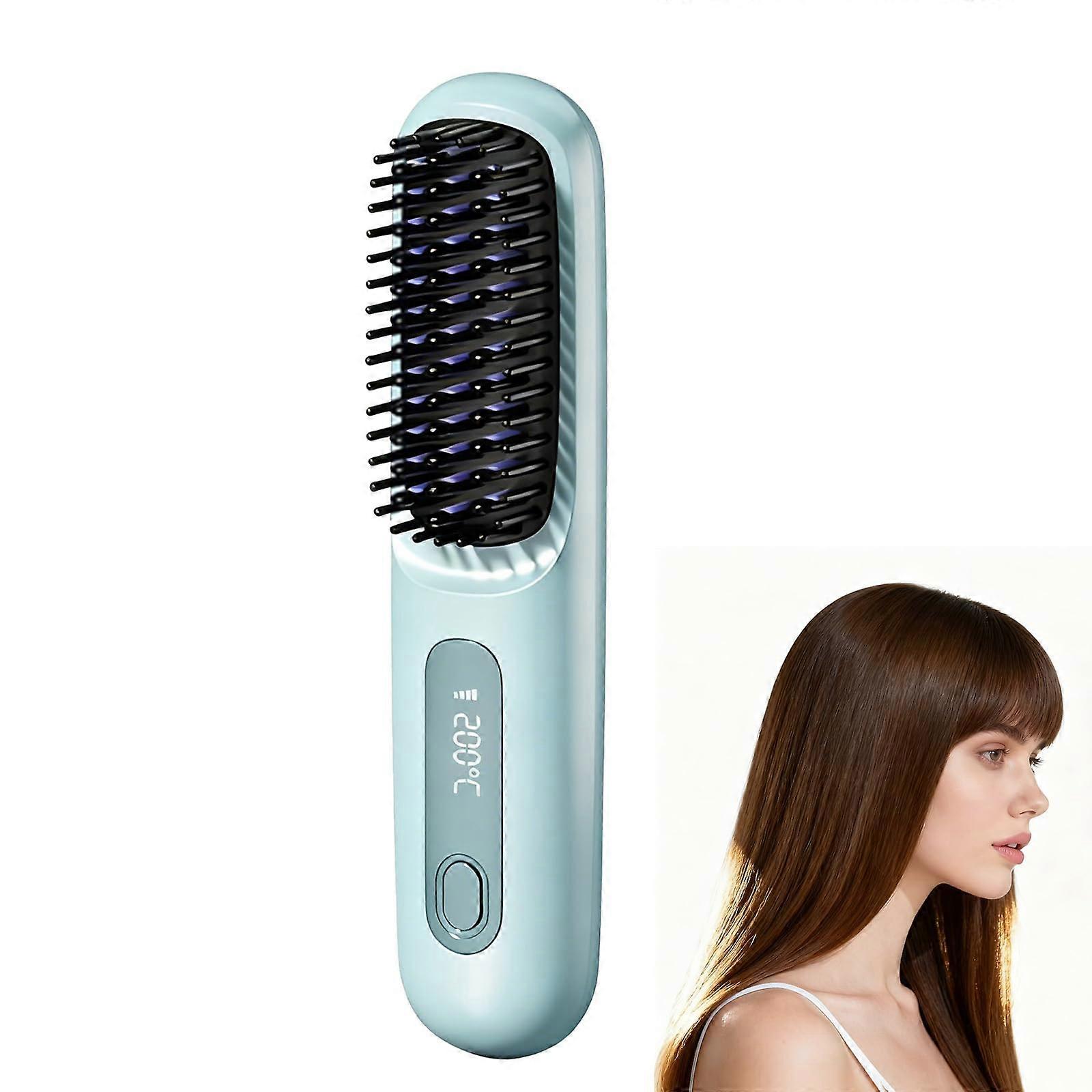 Cordless Hair Straightener Brush USB Rechargeable Fast Heating with LCD Display for Travel Blue