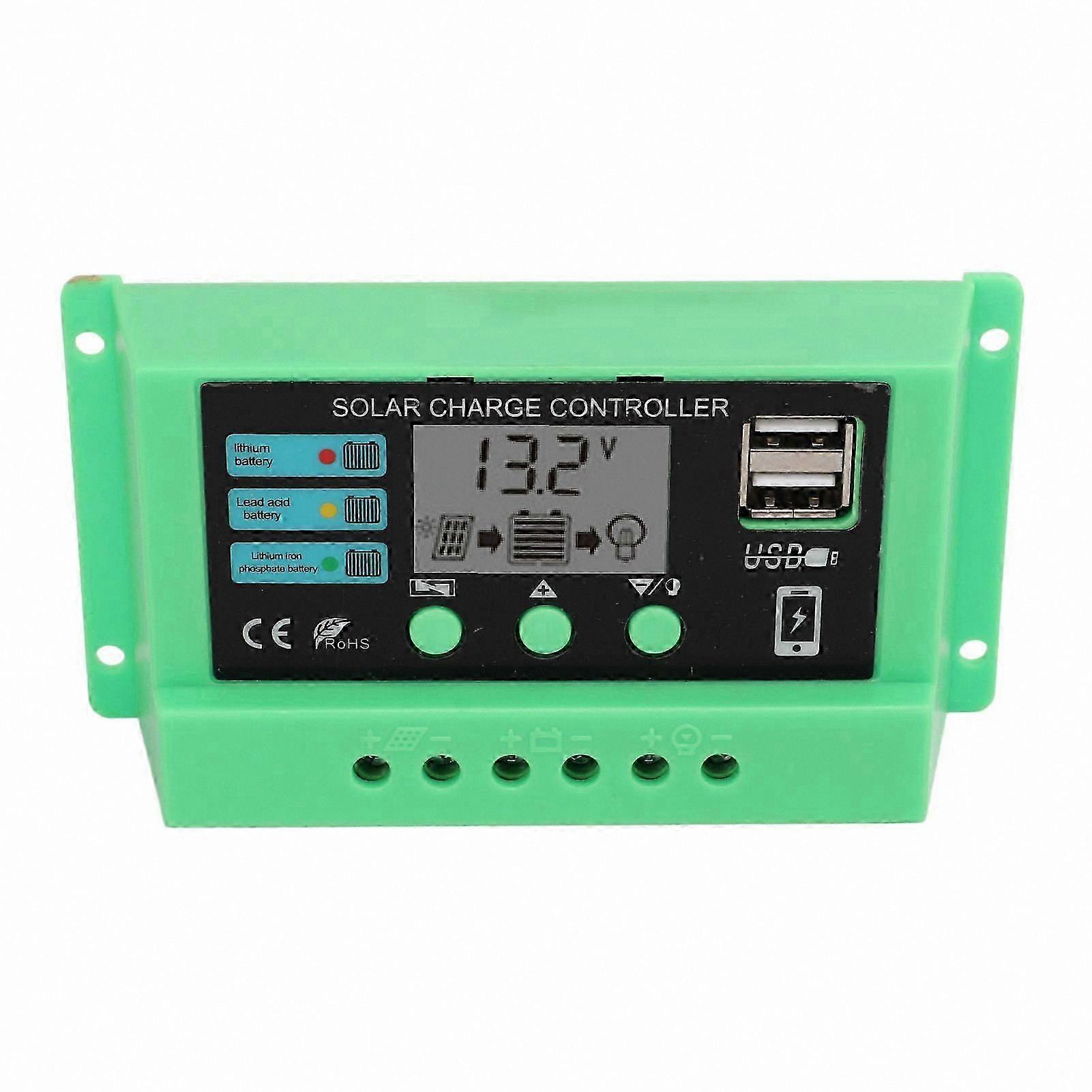 PWM Solar Charge Controller with LCD Display, Adjustable 12V/24V Panel Regulator, 10A Green Housing