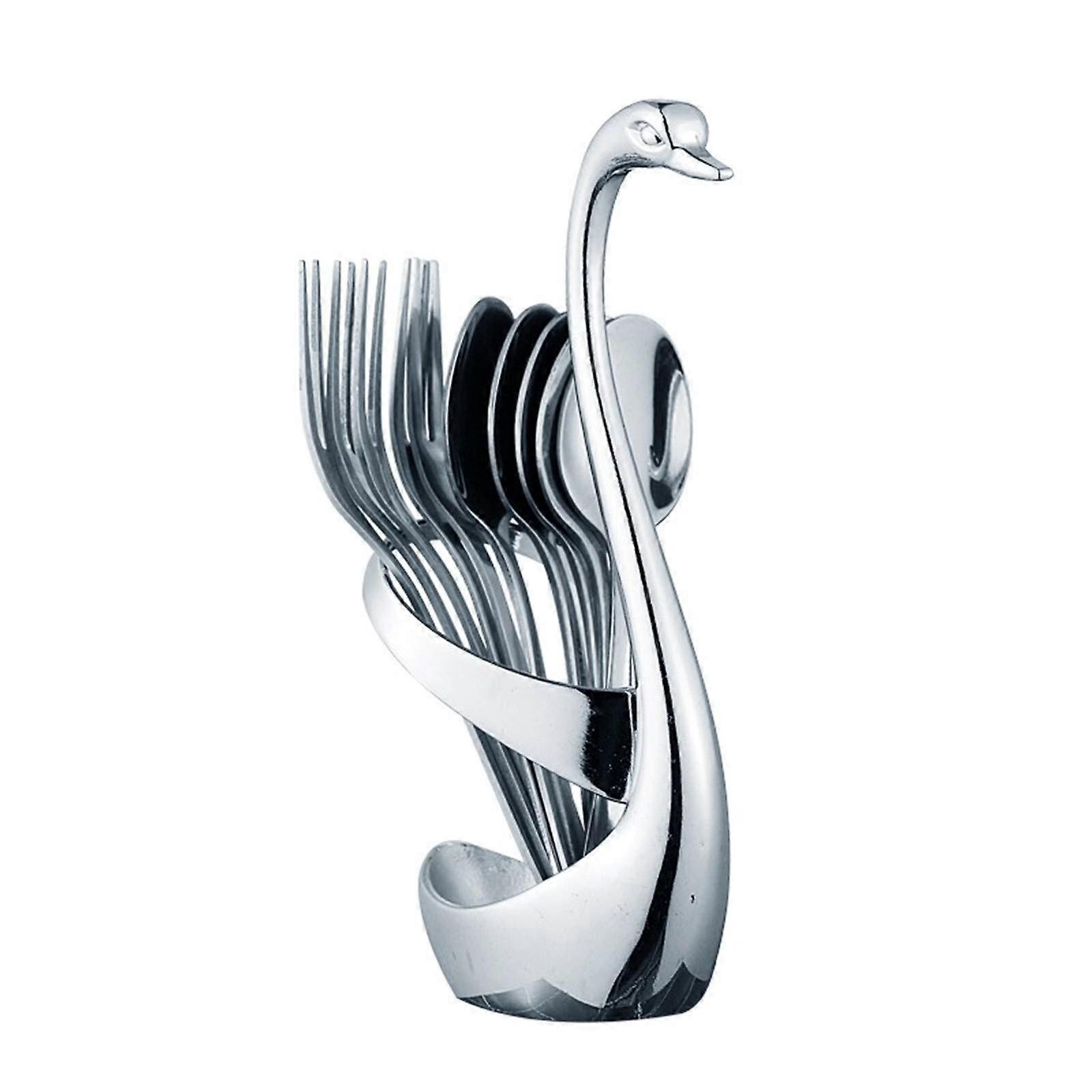 Stainless Steel Fruit Fork Set with Artistic Swan Holder, NonSlip Base, Safe Rounded Tips