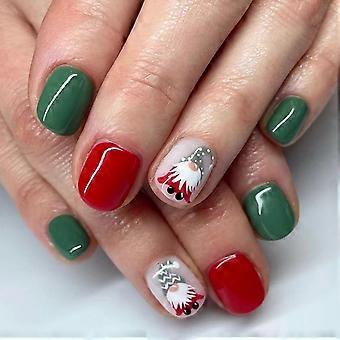 Christmas Press On Nails Short Square Fake Nails 24pcs, Festive Cartoon Acrylic Red Nude Green Holiday Nail Kit
