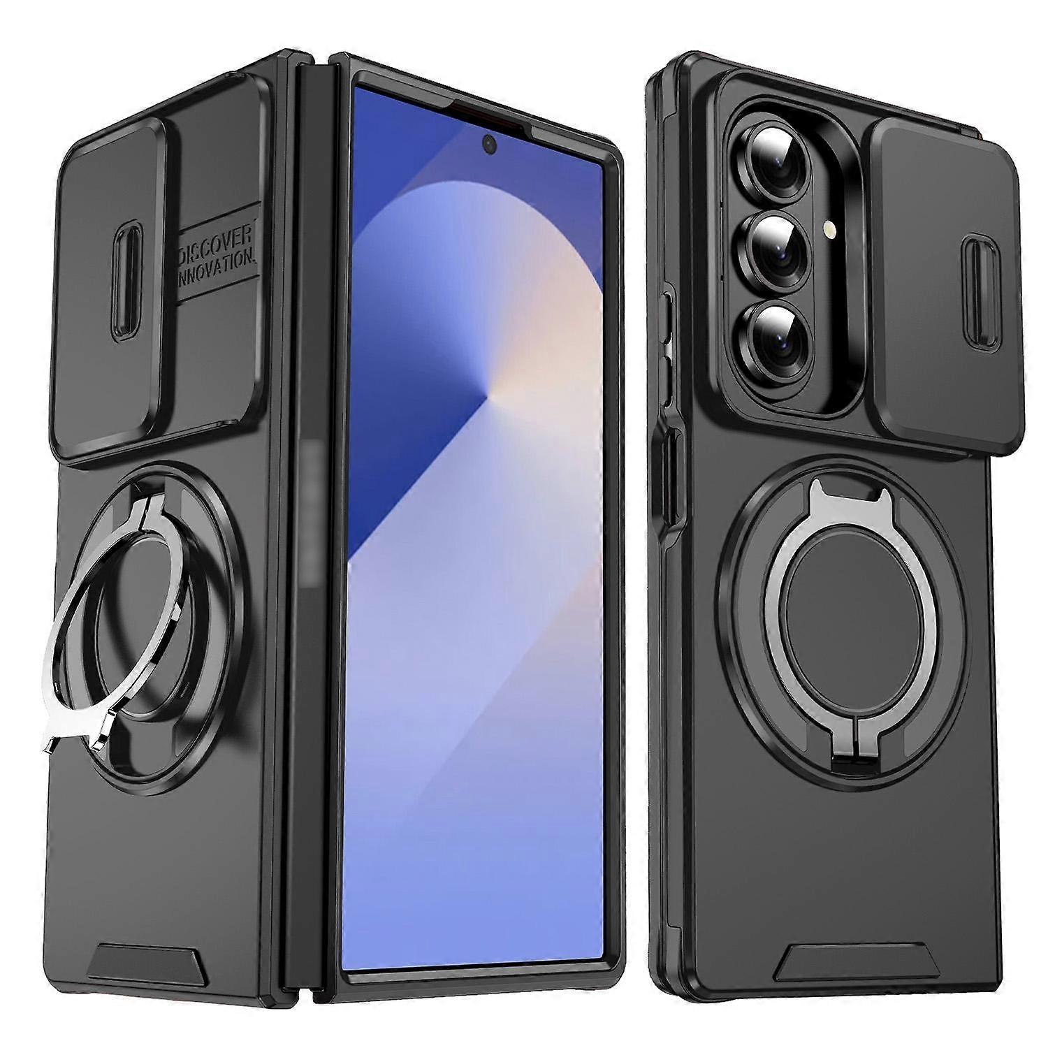 For Samsung Galaxy Z Fold7 5G Sliding Camera TPU PC Magnetic Ring Case Black