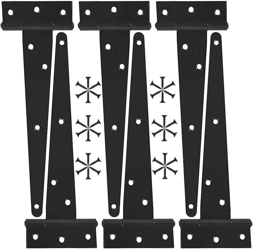 6 Pcs Black T Hinge, Garden Gate Hinge, Barn Door Hinge, Folding Hinges With Screws,(8 Inches)
