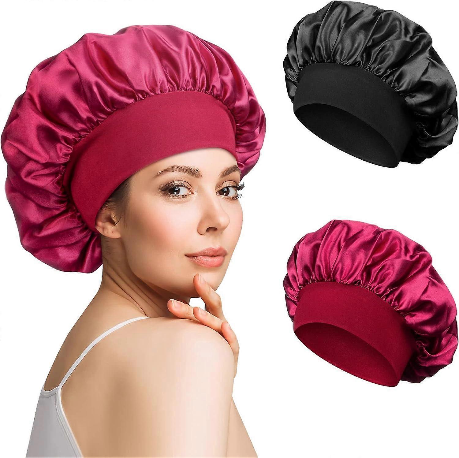 2 Pices Bonnet de Nuit Ajustable en Satin (Noir, Rouge) Bonnet de Nu
