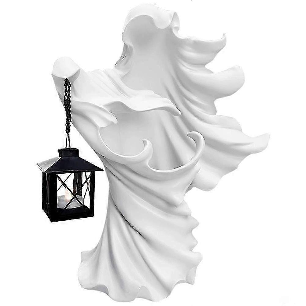 Ghost Halloween Witch Ornament with Lantern Energy Saving Resin Statue for Garden Courtyard Decor White