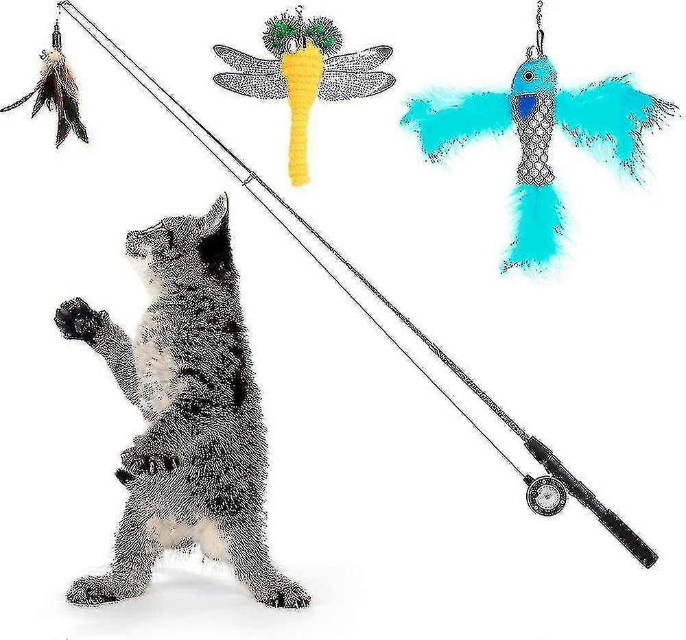 2024 Cat Bed,cat Feather Teaser Wand Toy, 4 Pack Interactive Retractable Fishing Pole Wand Catcher Exerciser With Assorted Refills Fish, Dragonfly Wor