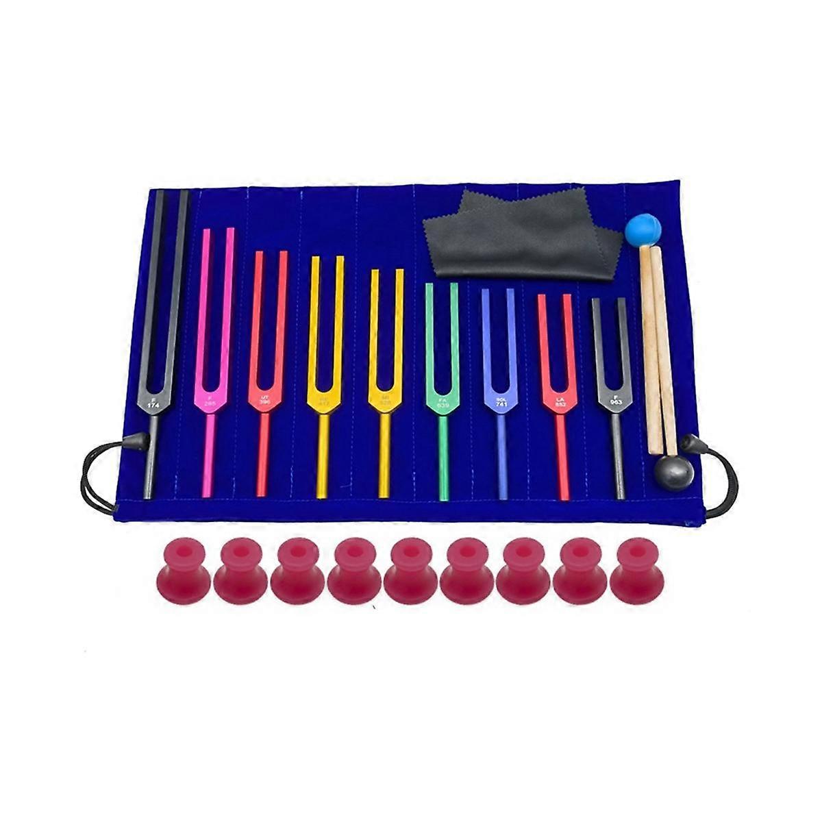 9 stycken färgglada Solfeggio stämgafflar av aluminiumlegering, stämgafflar för terapi, röstterapi