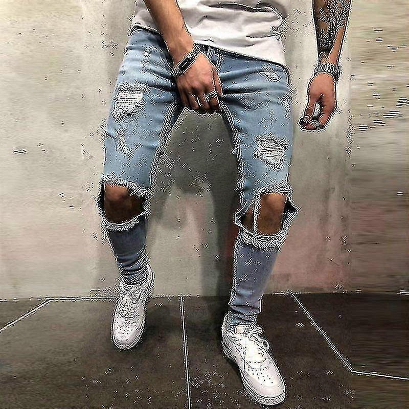 Men Ripped Skinny Jeans Trousers Distressed Frayed Pants With