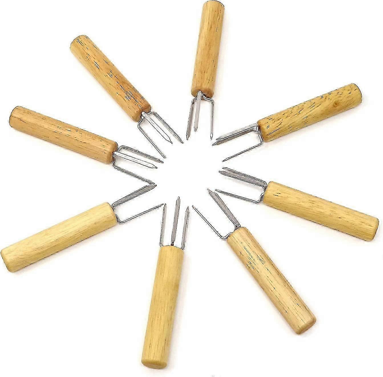 8pcs Stainless Steel Corn Rack Corn Cob Rack Corn Fork Wooden Handle BBQ Fork