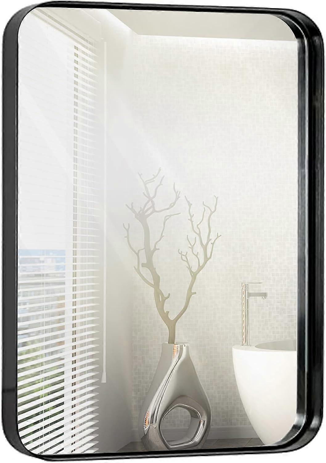 30x40cm Metal Black Frame Mirror for Bathroom | Brushed Rectangular Rounded Corner Vanity | 2" Deep Set Design Small Wall Mirrors Decorative