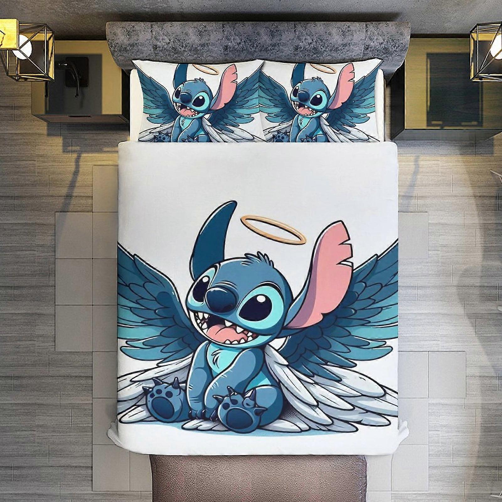v3363 Lençóis de Cama Stitch Angel 3 Peças Conjunto de Capa de Edredom Tamanho Completo Super Macio Resistente ao Desbotamento Microfibra 1 Capa com Zíper e 2 Fronhas, E