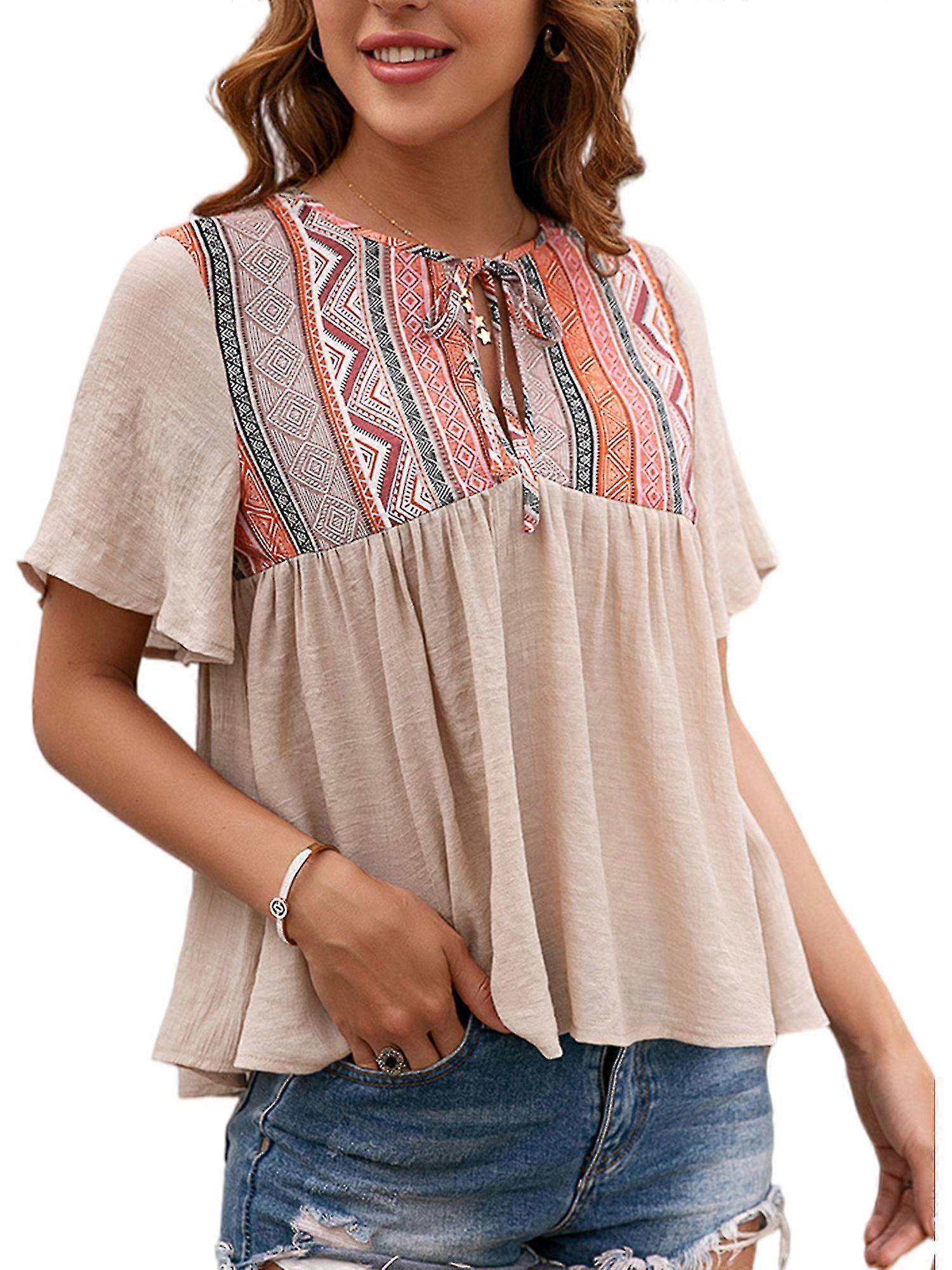 Kvinner Bohemian Kortermet Bluse Floral Neckline Drawstring