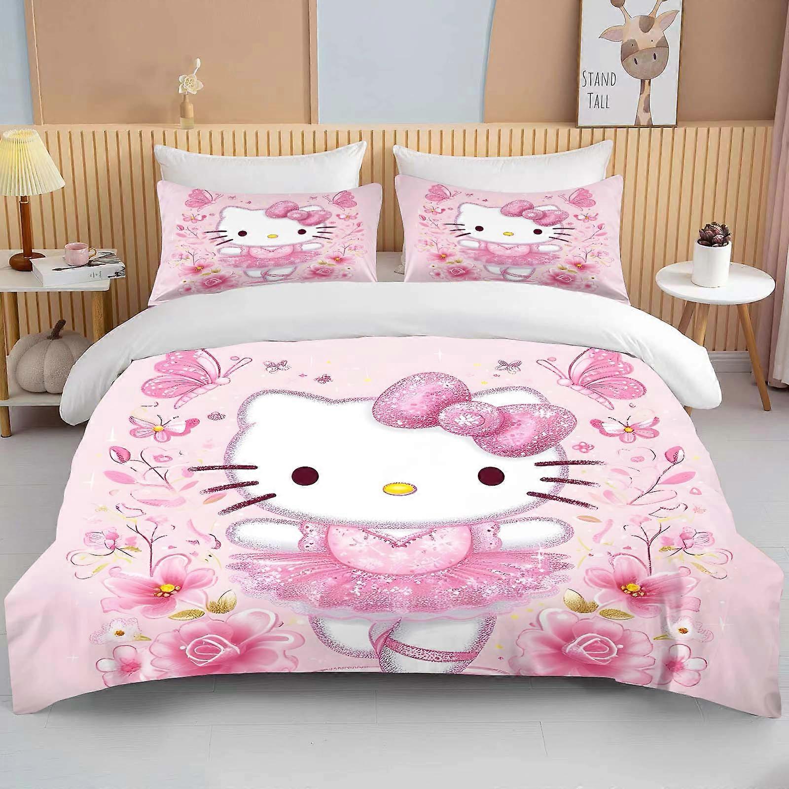 B599 Lakan Kawaii Hello Kitey Tryckt Sängkläder Set Tecknad Mikrofiber Sänguppsättning Örngott Vuxen Sängöverdrag Sovrum Sängset Täcke Rosa Lakan HBJ