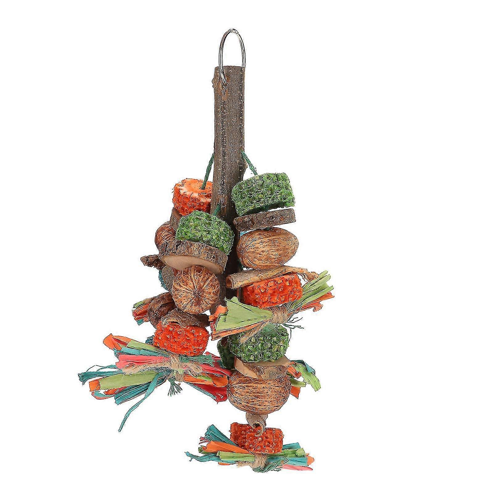 Multi Colored Parrot Chewing Toy for Beak Exercise - Wood Blocks, Nuts, Bark - Hanging Bite Toy