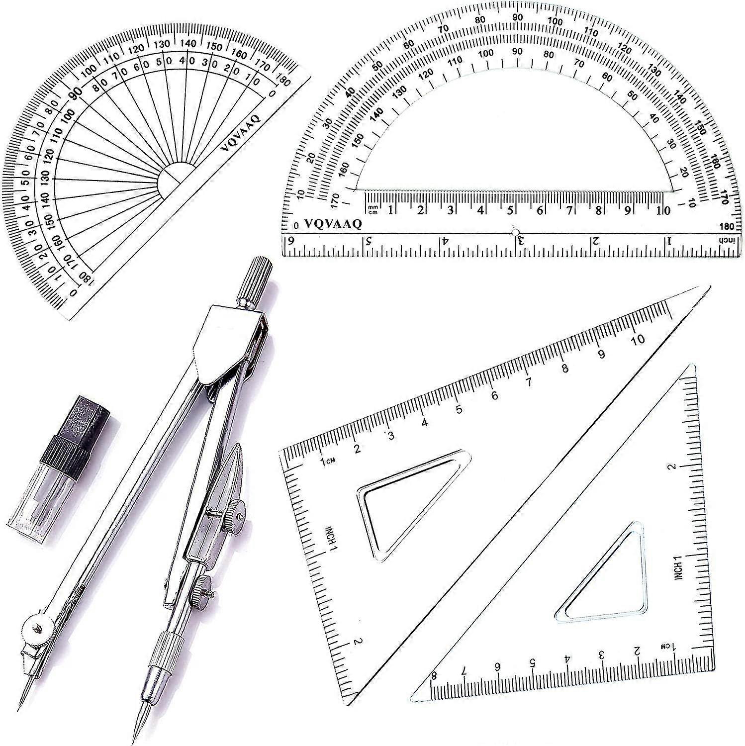 Geometry School Set,with Quality Compass, Drawing Compass,protractor, Set Squares,triangle Rulers (5 Pcs-silver)