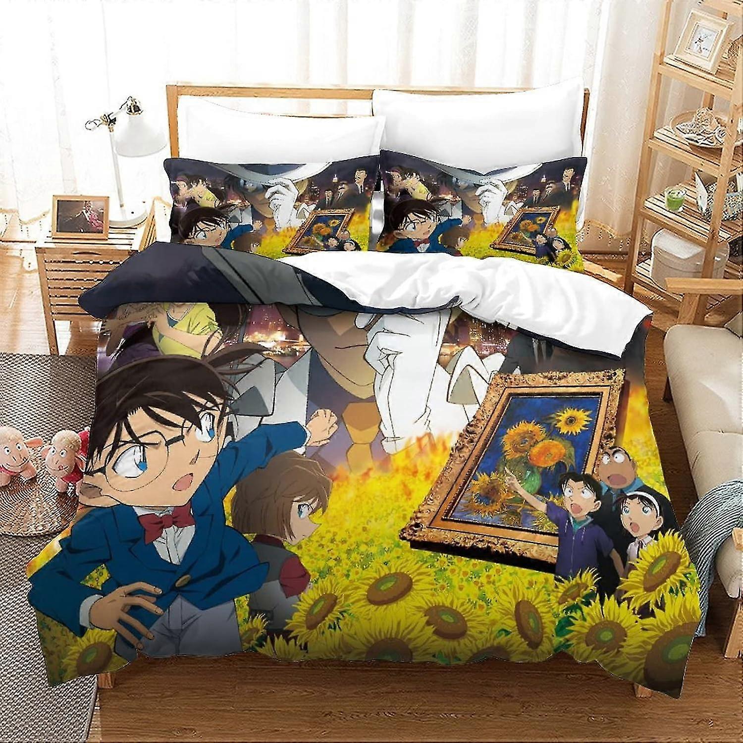o4972 Bed Sheets Detective Conan Bedding 3 Piece Set 3D Duvet Cover with Pillowcases Bedding Set with Zipper Closure Hypoallergenic Soft Microfiber Qu
