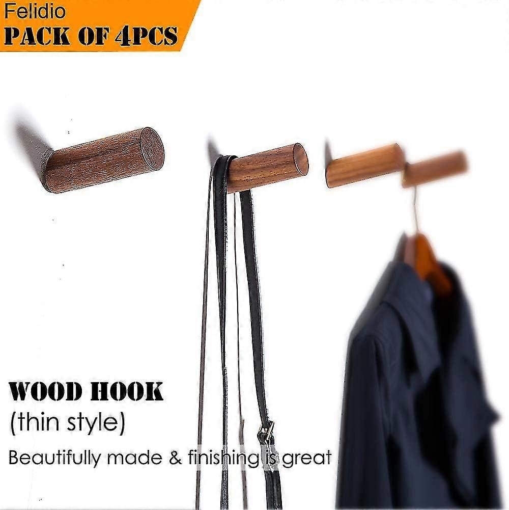 Wood Wall Hooks, 4 Pack Coat Hooks Wall Mounted | Rustic Wooden