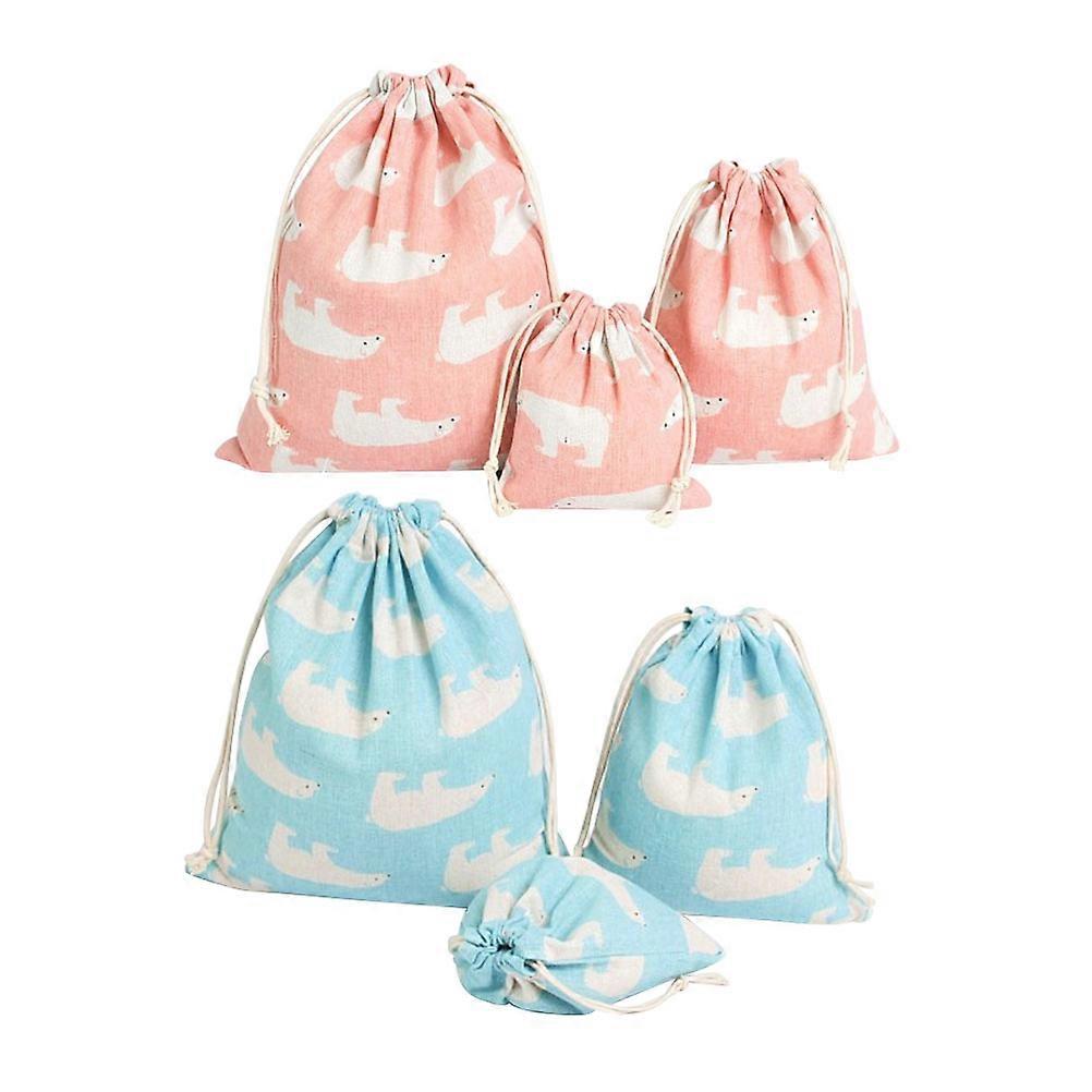6pcs Cotton Linen Storage Bags Bear Pattern Multifunctional Drawstring Pouches