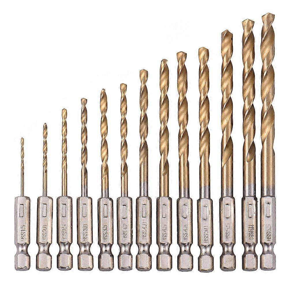 13Pcs HSS Hex Shank Drill Bit Set Quick Speed Change Titanium Coated Twist