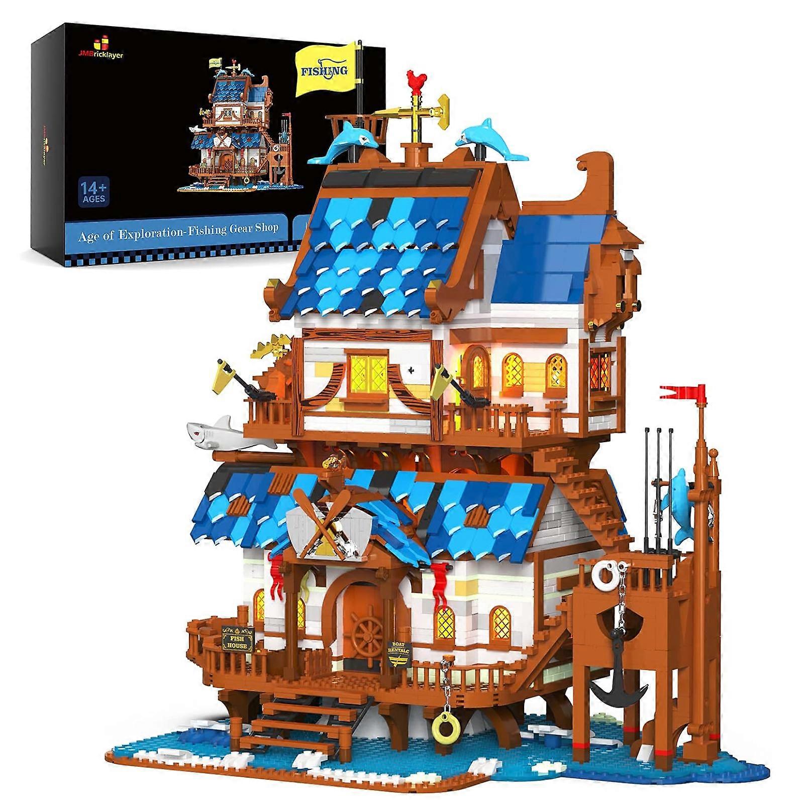 JMBricklayer Medieval Fishing Shop Building Sets for Adults, LED Lighting Kit Creative Fishing Gear Store Castle House Model Toy, Collectible or Displ