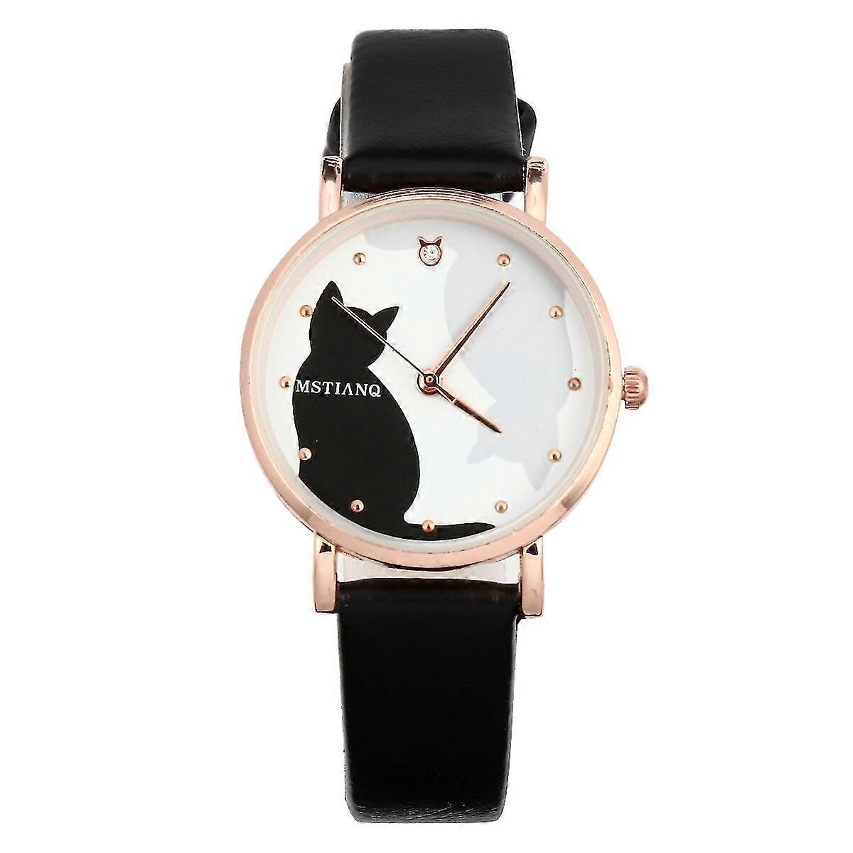 Girls Watch Faux Leather Strap Quartz Wrist Watch Cartoon Cat Pattern Watch