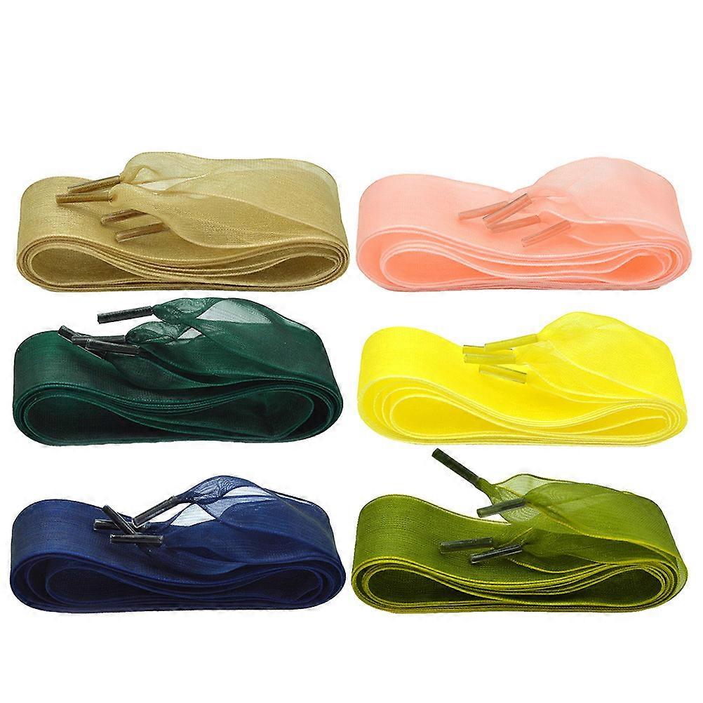 6 Pairs of 2.5x115cm Wide Lace Chiffon Shoelaces Creative Shoe Laces Fashion Shoe Strings Lace (115-120cm Length, Khaki + Navy Blue + Yellow + Atrovir