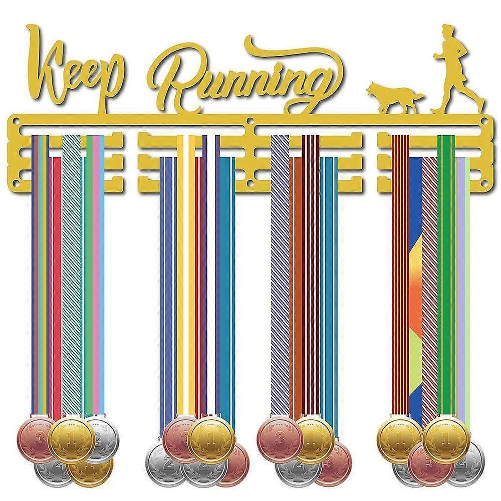 Iron Medal Holder Frame Medals Display Hanger Rack with Screws Rectangle with Keep Running Dark Goldenrod 13.9x40cm