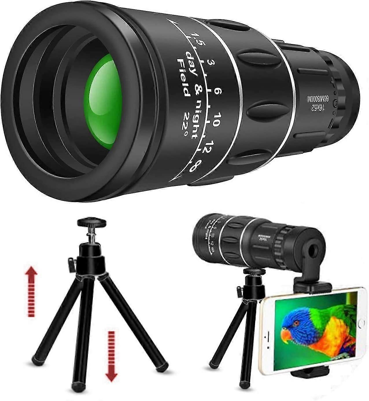 Monocular Telescope, 16x52 Hd Monocular With Holder Tripod For Smartphone,clear Bak4 Prism Lens Dual Focus Optics For Hiking, Hunting, Camping, Bird,9