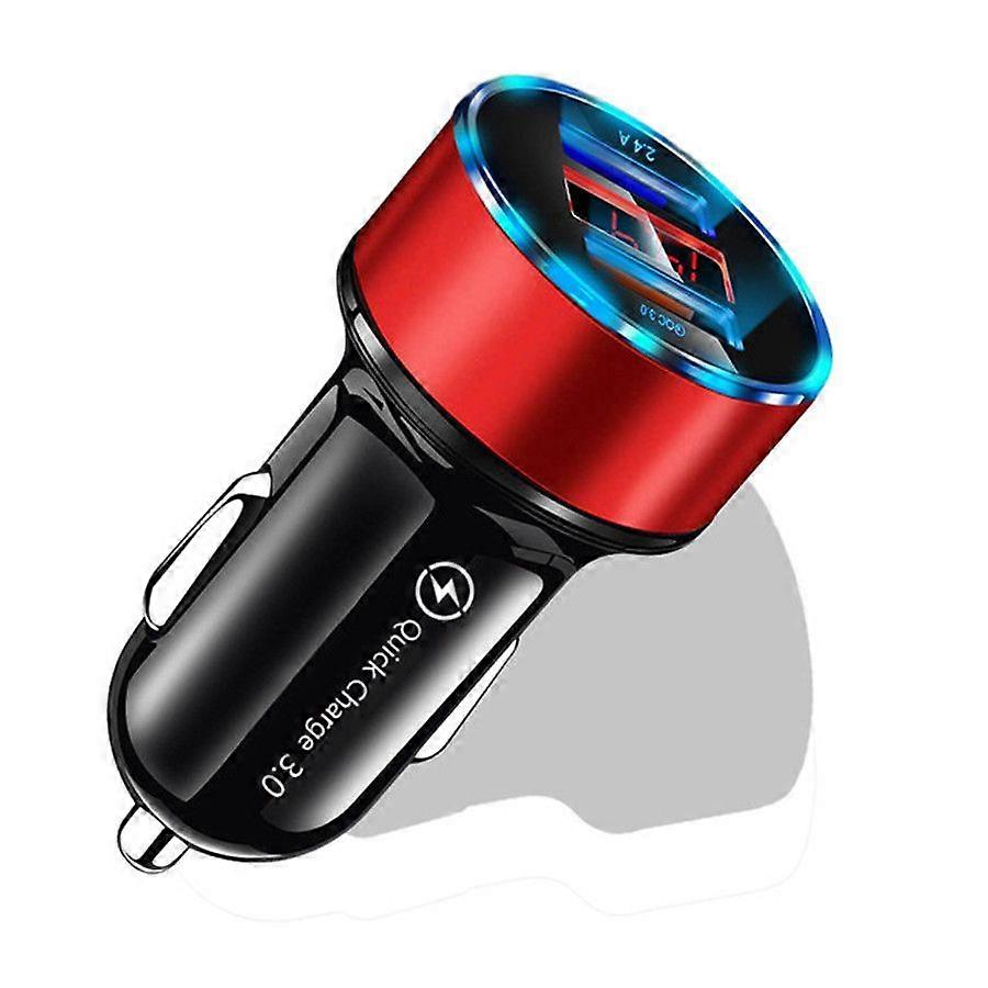 qc3.0 Fast Charge Dual USB Aluminum Alloy Halo Digital Display Charger-Red (One Set)