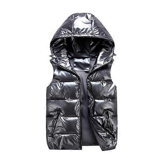 Men Cotton Vest Autumn Winter Hooded Sleeveless Zipper Placket Jacket with Pockets Solid Color Glossy Finish Down Quilted Vest Coat