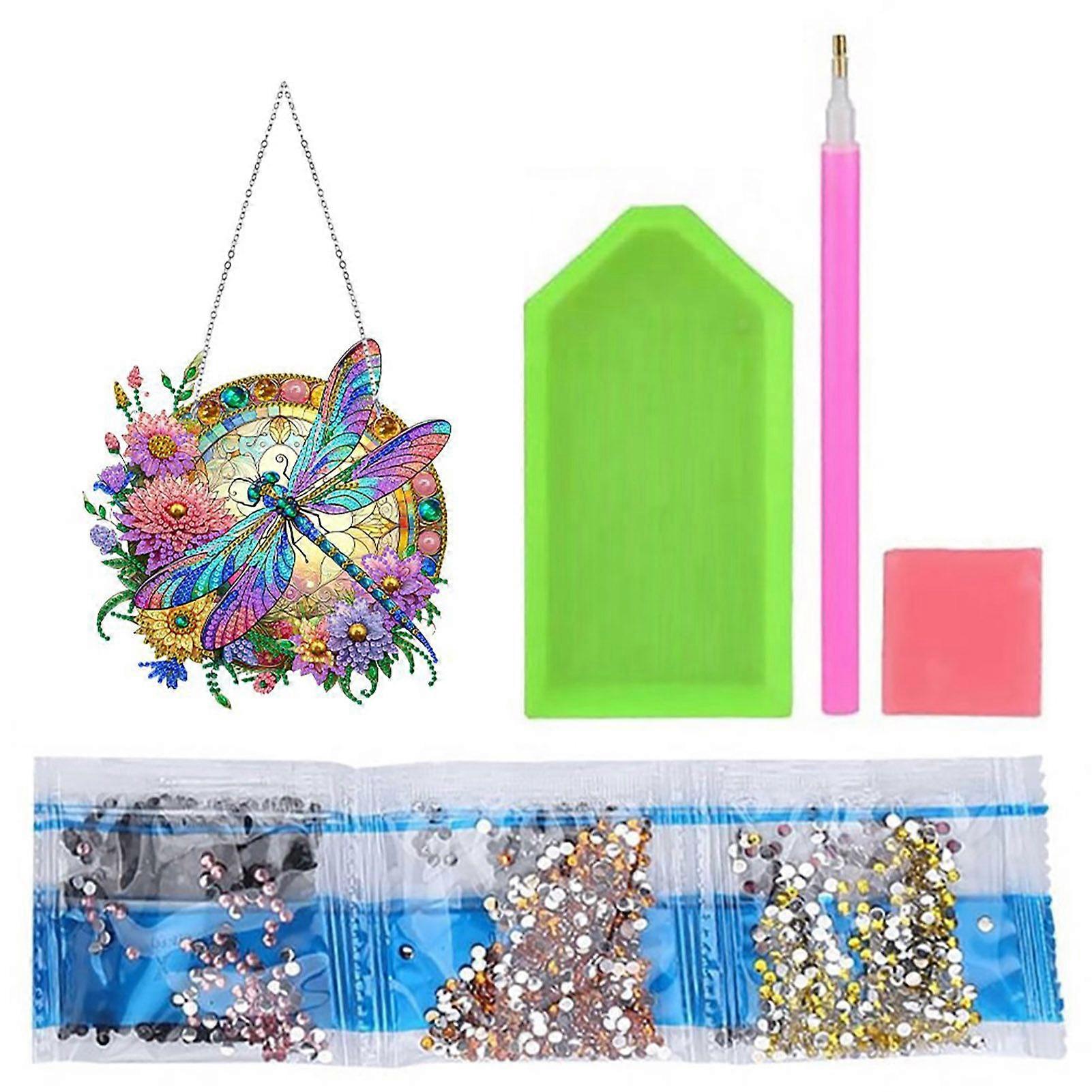 Dragonfly Pendant Special Shapes Faux Diamond Painting Kit Flower Dragonfly Patterned Hanging Ornament DIY Rhinestone Art Set for Home Decor