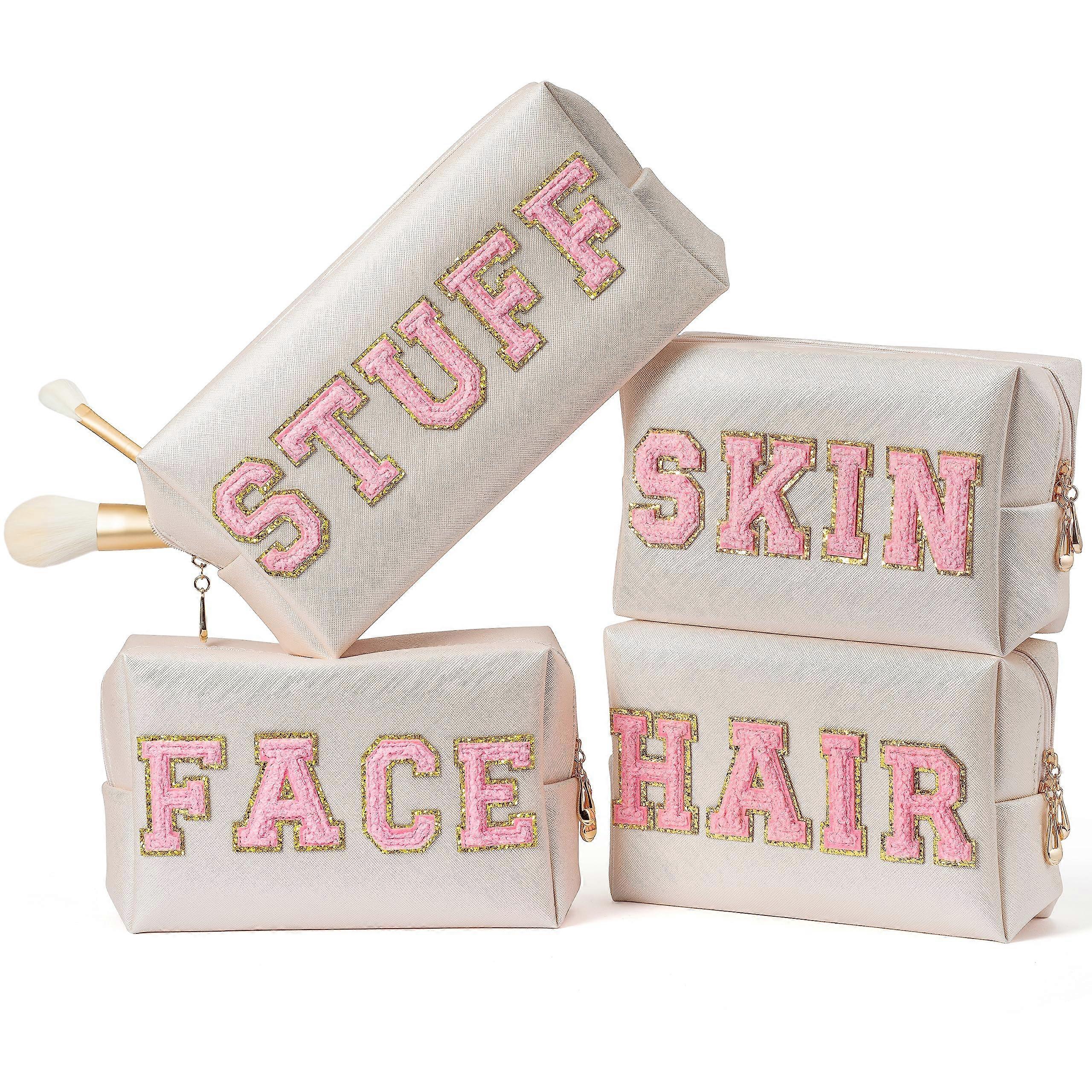 4 Pieces Makeup Bag Set with Chenille Design and Preppy Varsity Letter for Cosmetic Toiletry Storage Organization