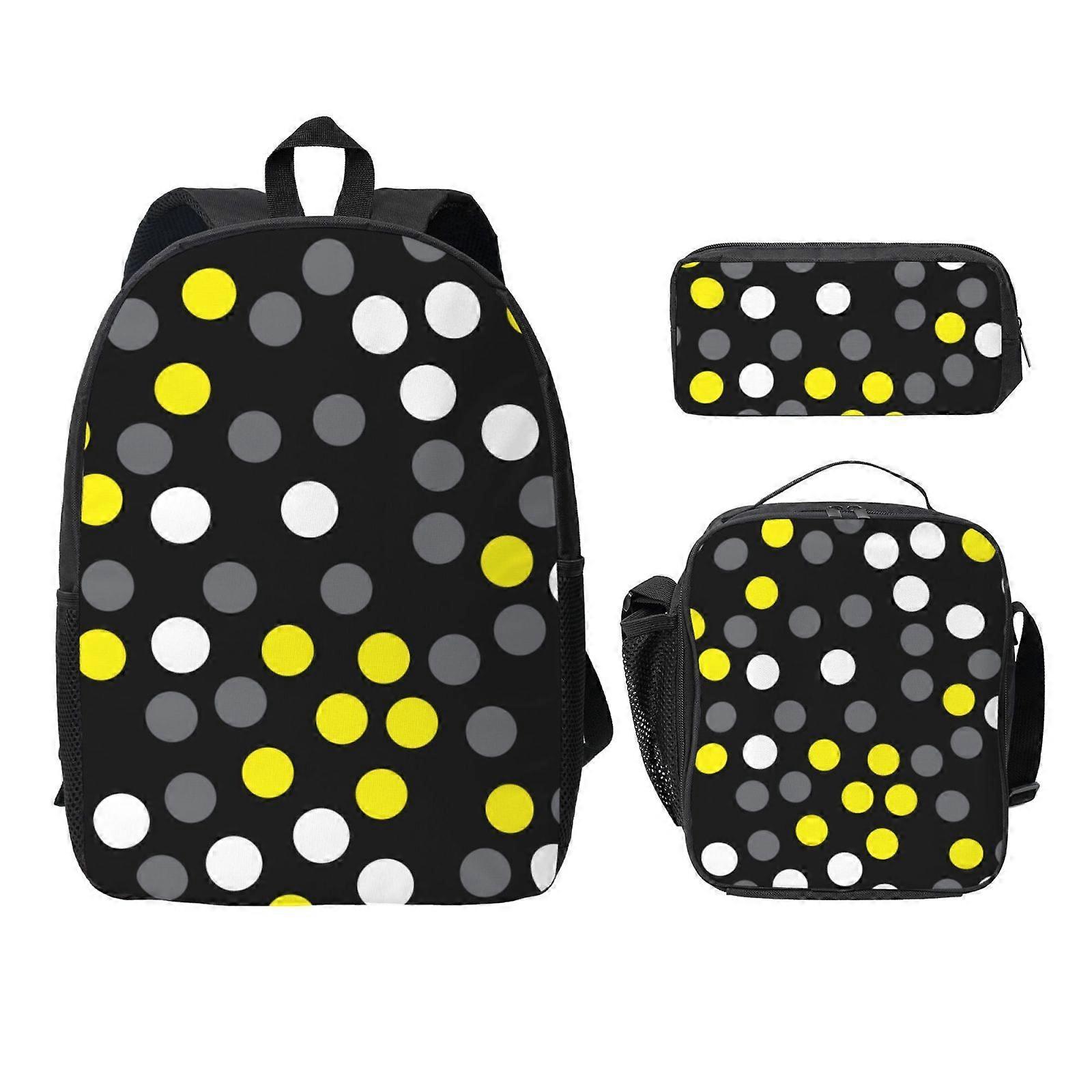 Yellow White Black Polka Dot Backpack Lunch Bag Pencil Case 3 Pcs Set with Mesh Pocket