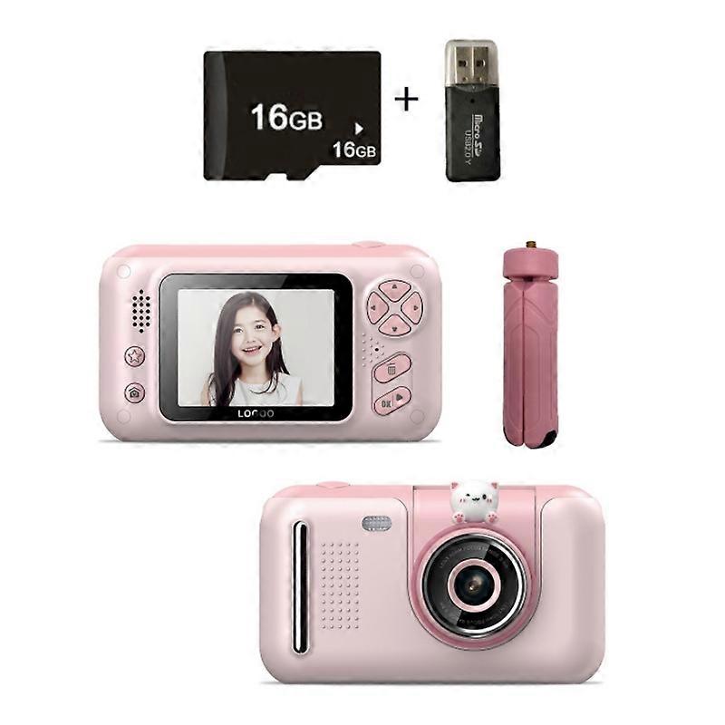 2.4 Inch Children HD Reversible Photo SLR Camera, Color: Pink + 16G Memory Card + Card Reader