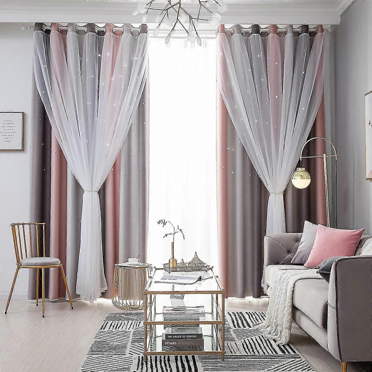1 Piece Hollow Star Double Layer Full Shading Blockout Curtain - Grey -100*250cm