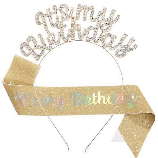 2Pcs/Set Women Happy Birthday Crown Shoulder Strap Rhinestone Headband Set My Birthday Sash Tiara Girls Parties Favor