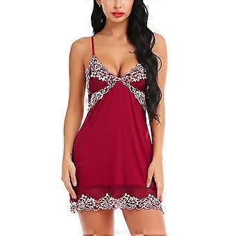 Damen Plus Size Dessous-Nachthemd mit Blumenmuster und Spitze, sexy, tiefer V-Ausschnitt, Riemchen-Nachthemd mit rückenfreiem Rücken, ärmellos, Netzstoff, Babydoll, Nachtwäsche, Rot, S