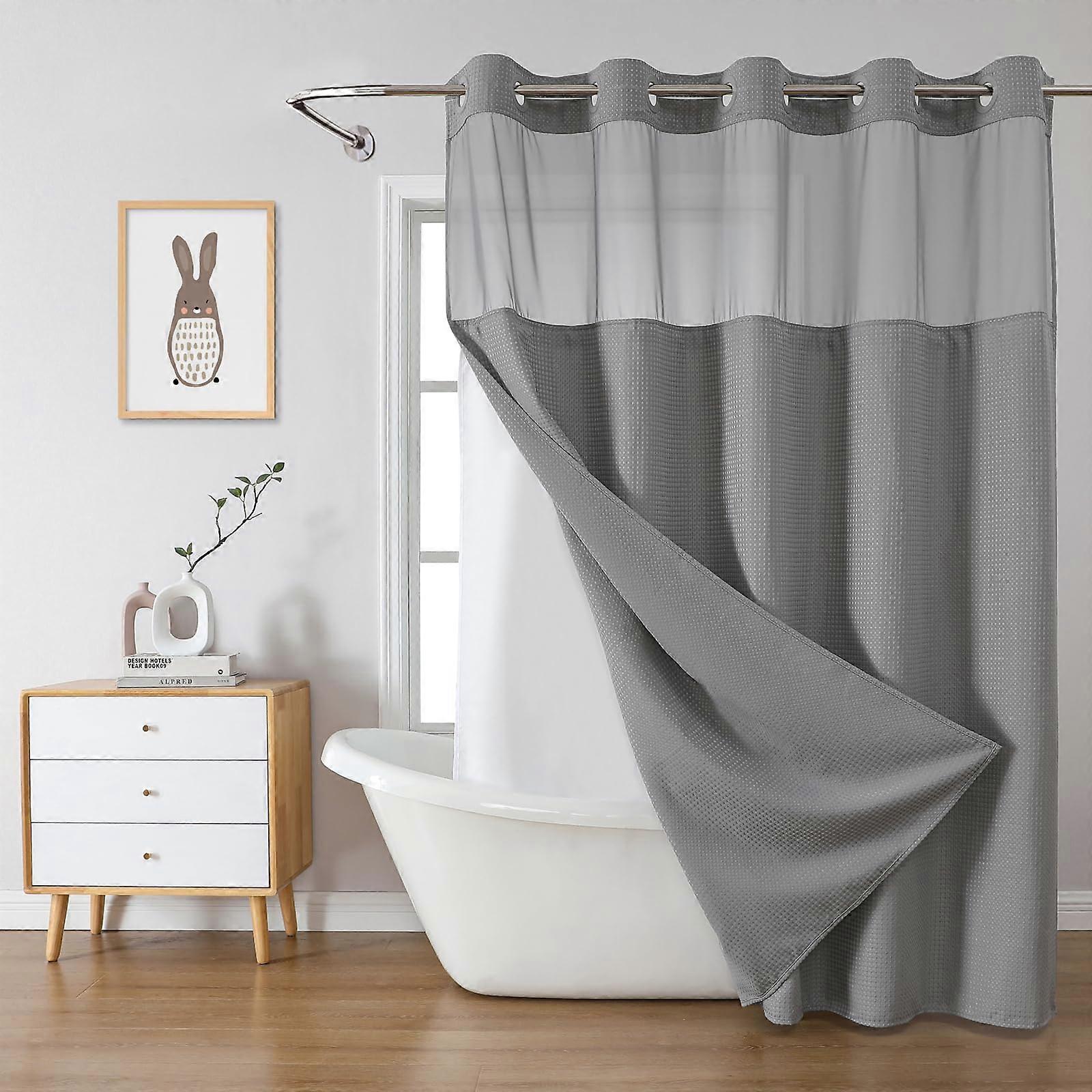 Grey No Hook Waffle Weave Fabric Hotel Shower Curtain Set for Bathroom 71Wx74H