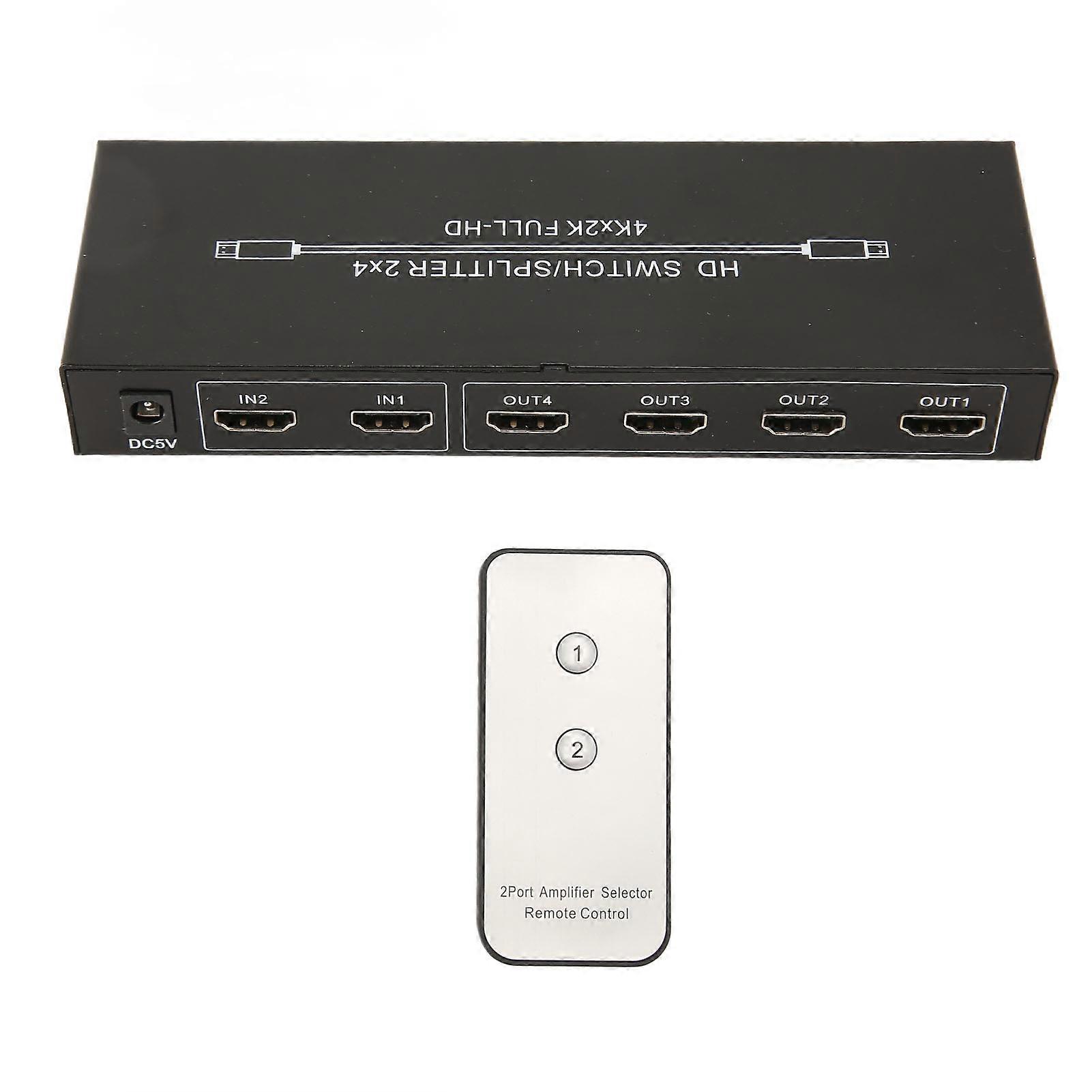 2x4 HD Multimedia Interface Splitter 2 in 4 Out 4Kx2K At 60Hz HD Multimedia Interface Switch with Remote Control 100‑240V US Plug 