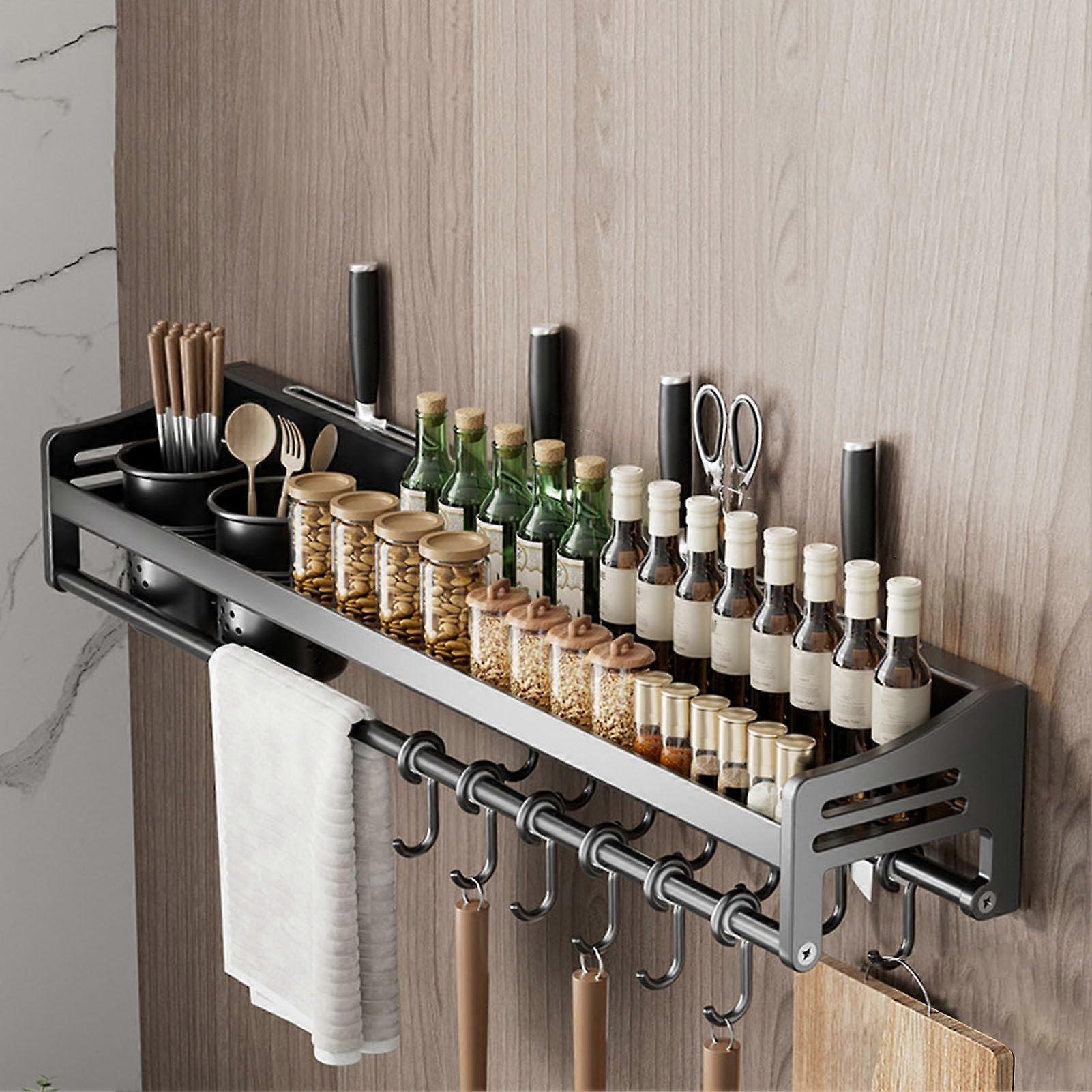 27.5in Stainless Steel Spice Rack Wall Mount, Kitchen Organizer with Hooks and Paper Towel Rack for Spices, Cans, and Jars