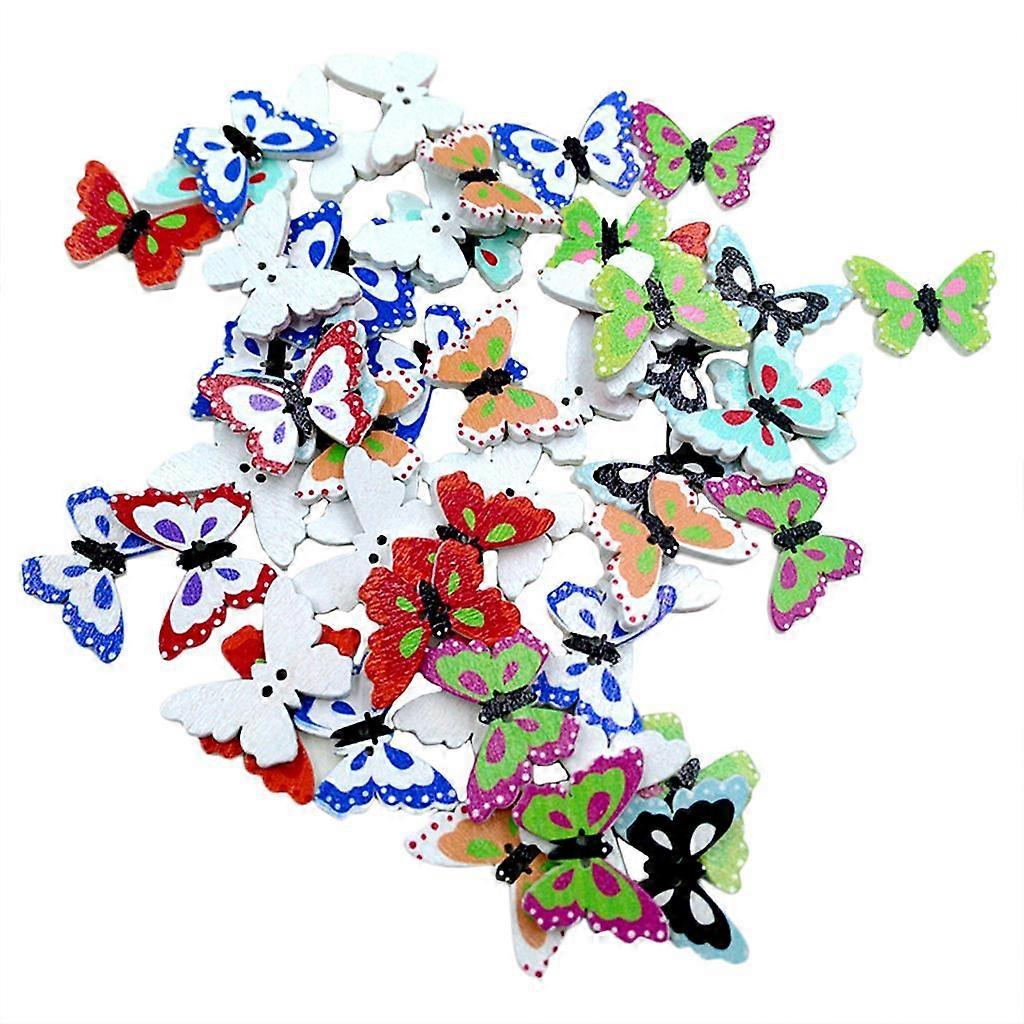 100x Colorful Assorted Papilllon Buttons Wooden Sewing