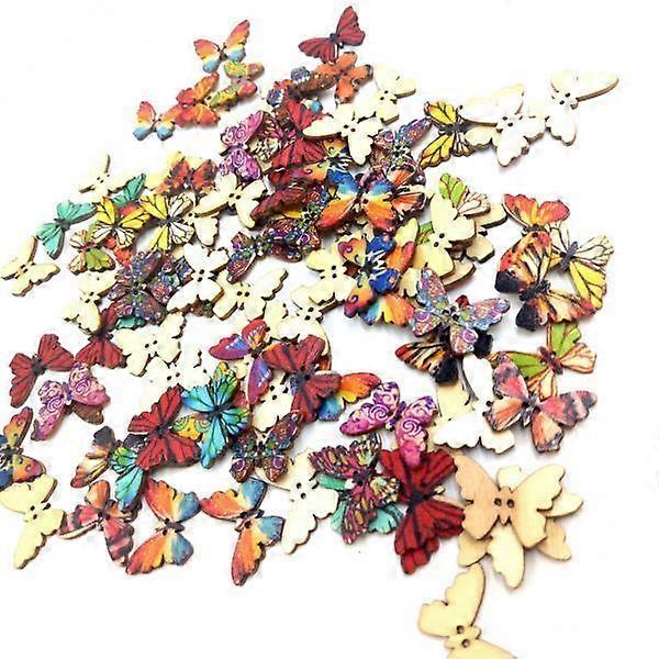 2x 100 Pieces Retro Painting Butterfly Shape Wooden Button for Hand Craft