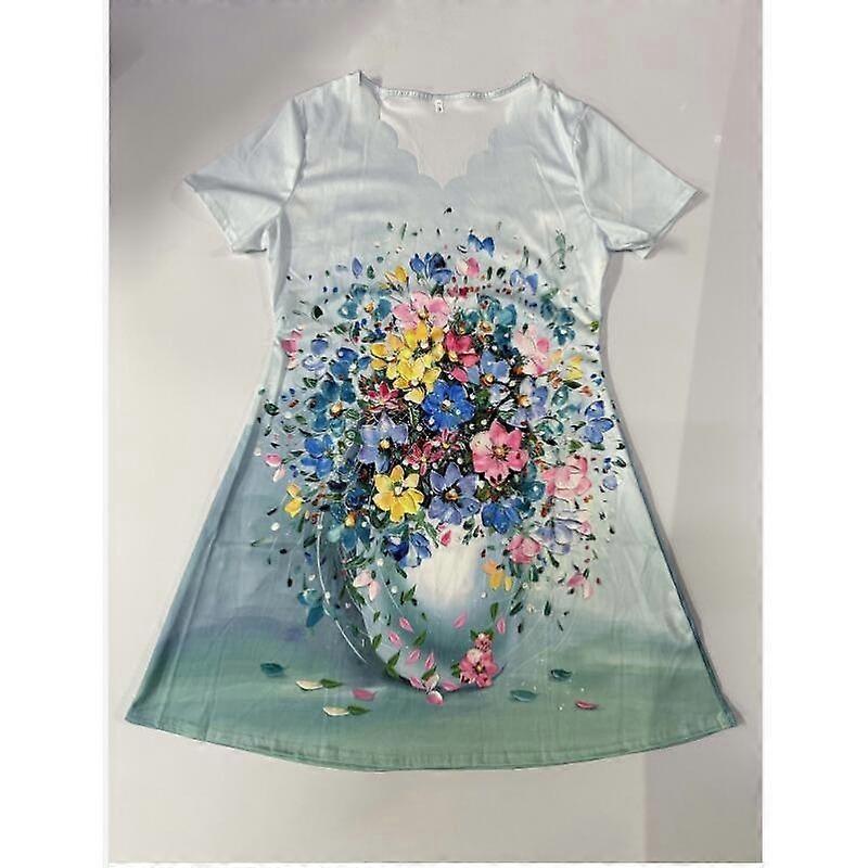 Women's Summer Digital Printed V-Neck Short Sleeve Casual Dresses