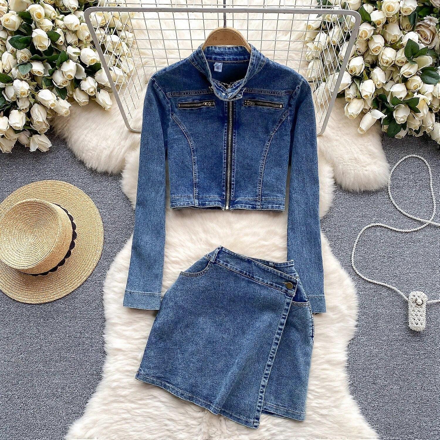 Amerikansk vintage Denim Kostym Vårkläder Kvinnor Zip-up Cardigan Ytterkläder Mångsidig Design Sense Kjol Två delar Set