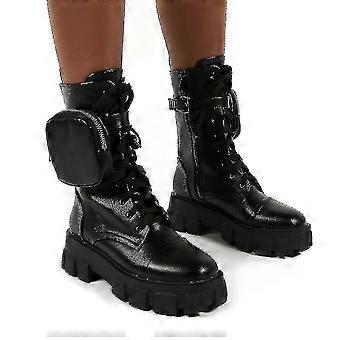 Female Pocket Lace Up Boots Buckle Strap Chunky Pouch Ankle
