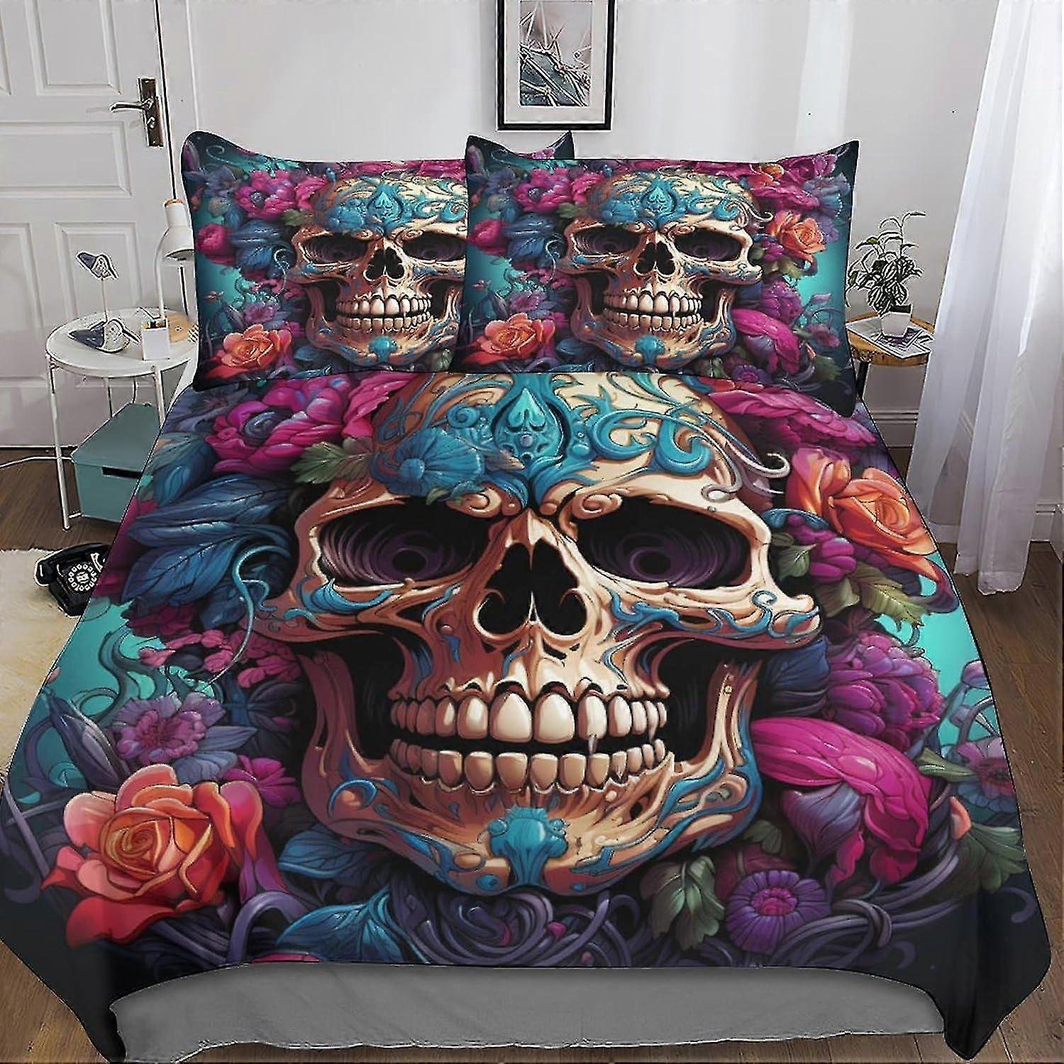 Microfiber Bedding Set with 3D Print Skull Design, Soft Duvet Cover for Adults and Kids, Zipper Closure
