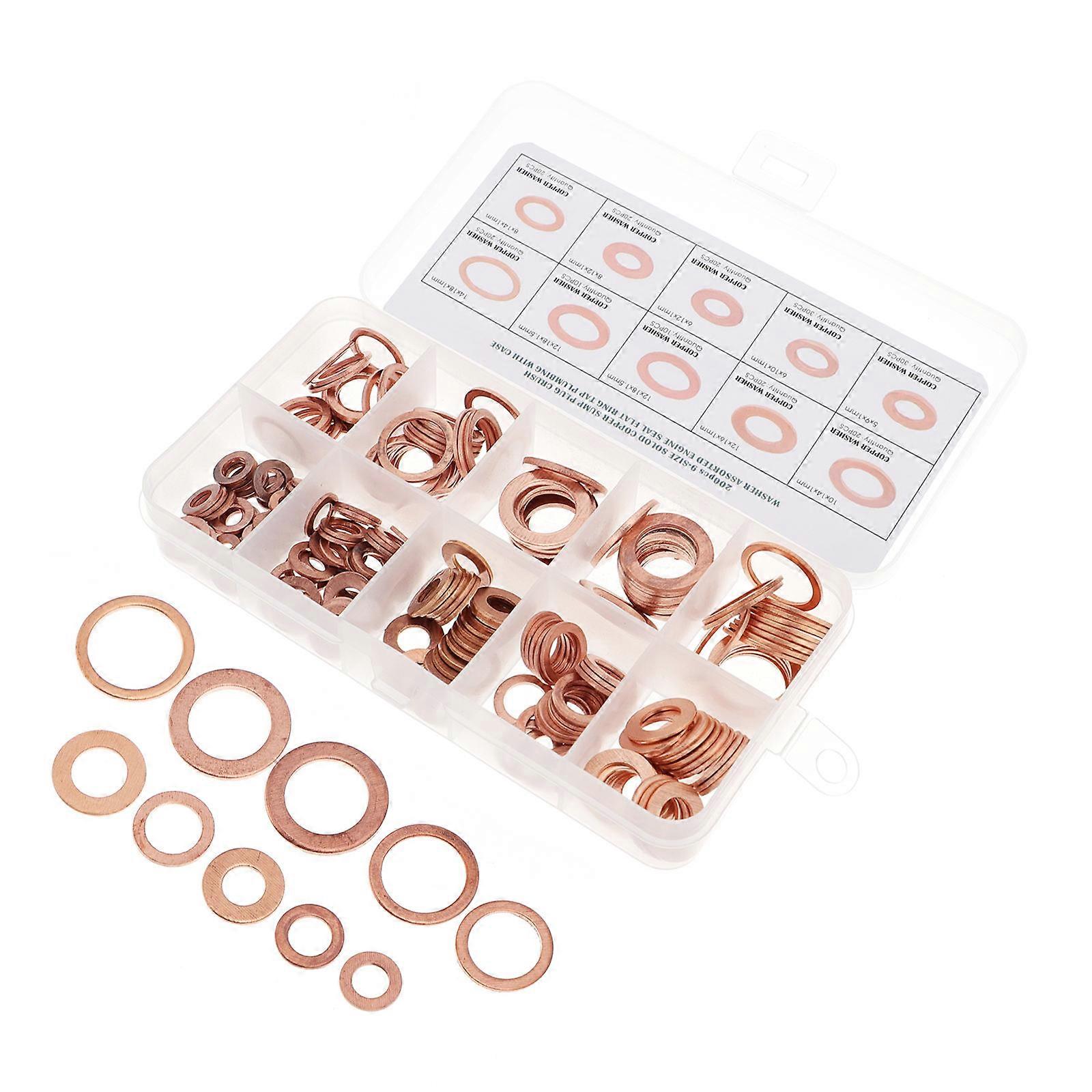 200pcs Copper Flat Washers for Sealing, Load Distribution, and Repairs – Material with Convenient Storage Box