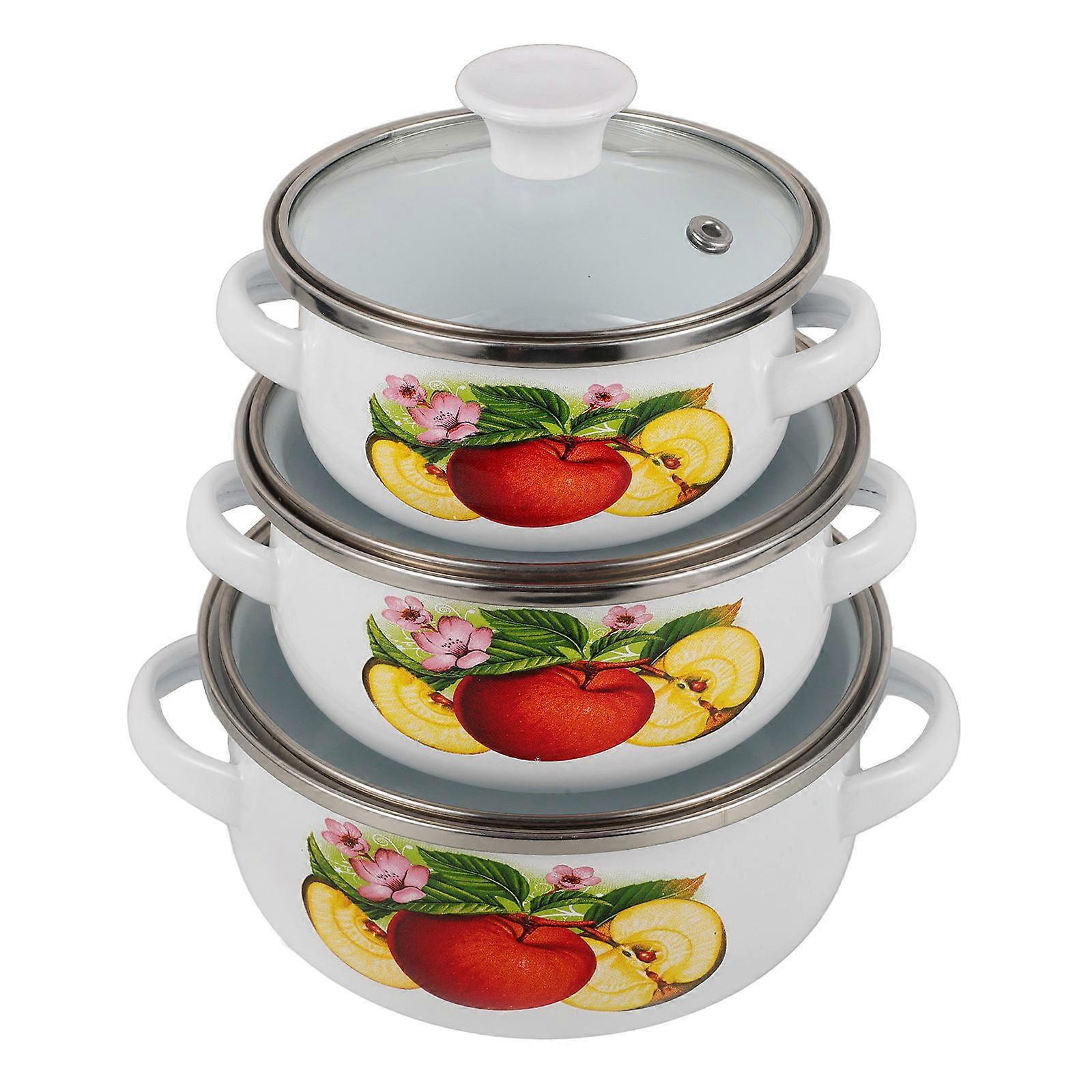3pcs Vintage Enamel Soup Pot with Double Handles, Heat Resistant & Non Slip, Multi Purpose Stockpot for Cooking, Stewing, Melting, Retro Floral
